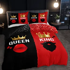 2/3PCS  Love Crown Red and Black Couple Duvet Set (1 Duvet Cover + 1/2 Pillowcase Excluding Quilt Core Pillow Core), Four Seasons Home Dormitory HD Print