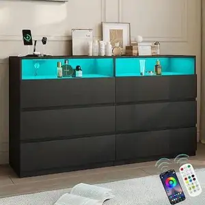 Vipbear - 6-Drawer Double Dresser with Power Outlet & LED Lights, Wide Storage Chest with Open Shelving - Black