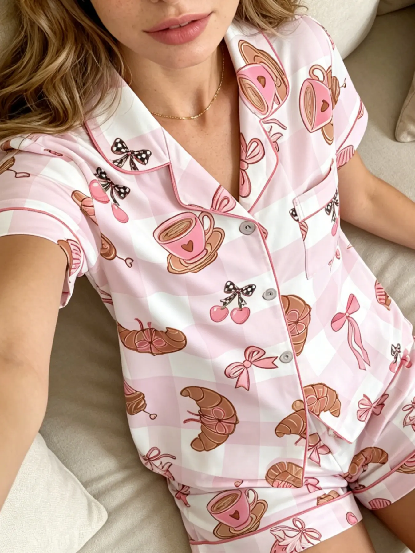 Women's Pajamas, Pyjamas, Nightwear Sleepwear, Casual Summer Loungewear 2 Piece Set 2026 Trendy Pink White Checkerboard Strawberry Bows Print Button Down Short Sleeve Shorts Milk Silk Breathable Loose Fit Sleepwear Homewear All Day Wear for Women