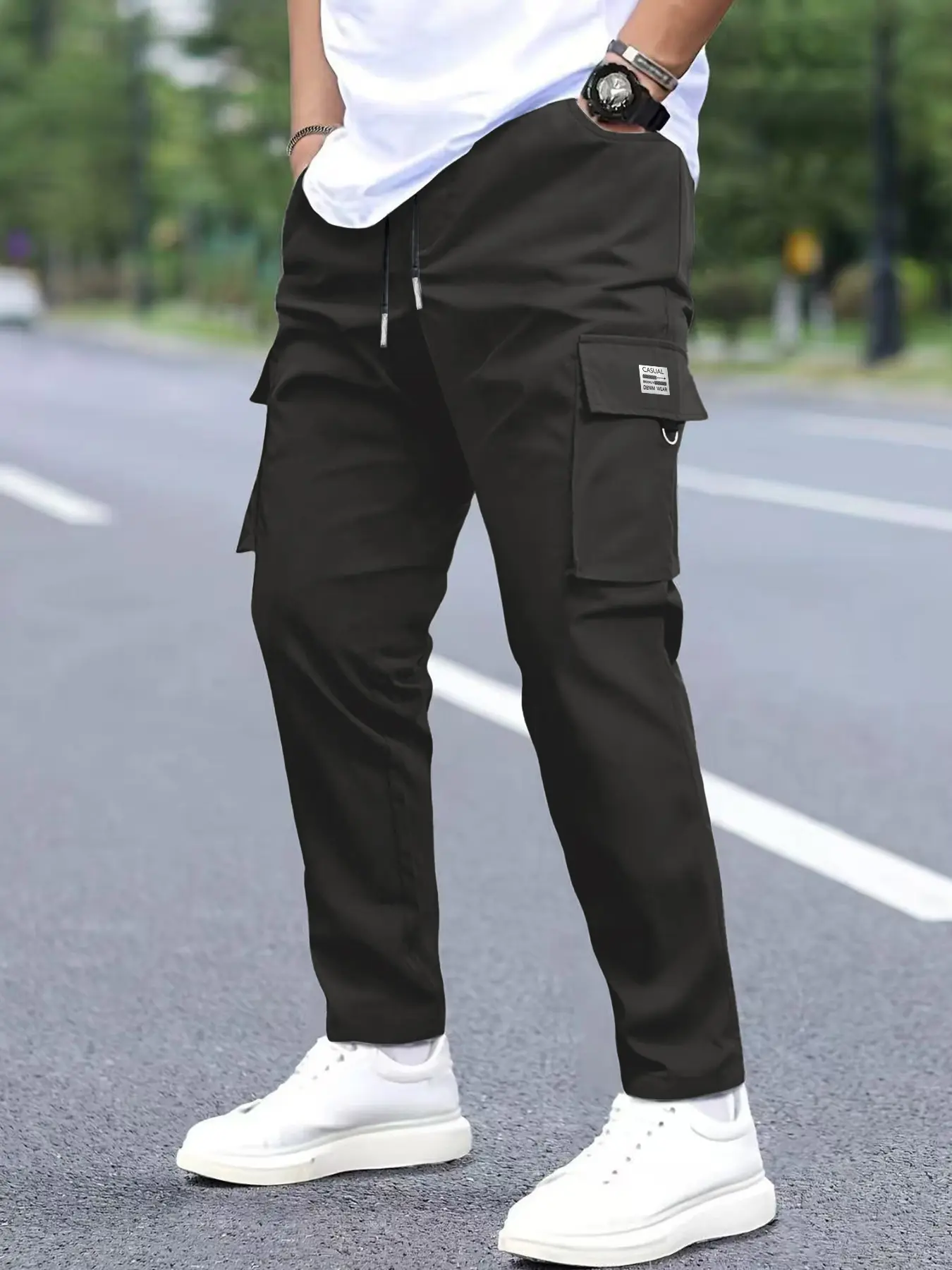 Men’s 100% Polyester Quick-Dry Basics Cargo Jogger Pants - Breathable Lightweight Adjustable All Purpose Thin Fabric, Elastic Drawstring Waist, Multi Pockets, Tapered Ankle, Tag Detail, Crease Proof, Khaki, for Hiking, Construction Work, Cargo Pocket, Out