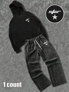 Men's Vintage Washed Casual Full Print Hoodie Set with Drawstring Pants, Fall Fashion, Comfortable Daily Wear