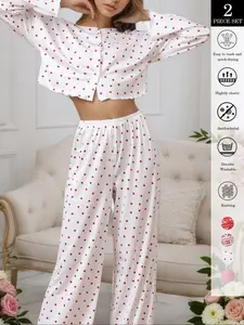 Women's Christmas & New Year Casual Long Sleeve Set, Sweet Heart Snowflake Deer Print Home Wear, Loose Fit All Seasons