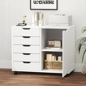 Rolling Wood File Cabinet with 5 Drawers - Adjustable Shelf Printer Stand & Mobile Storage for Home Office