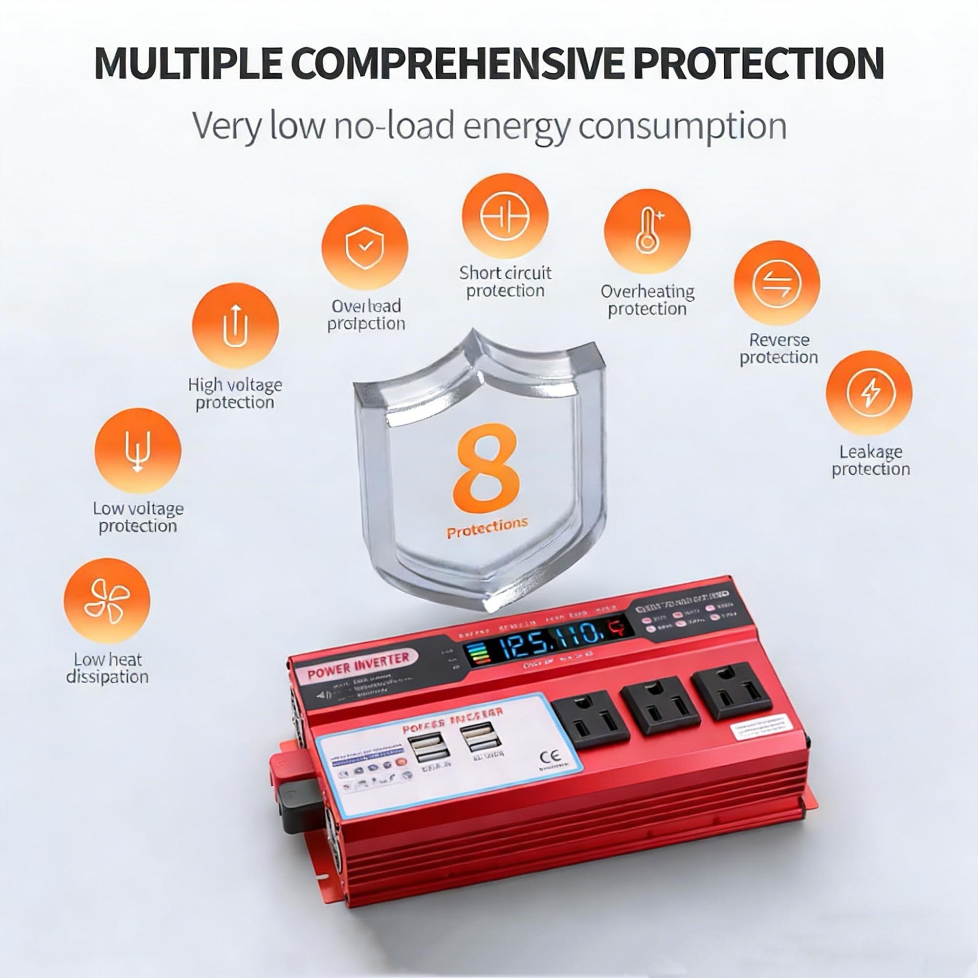 Portable Vehicle Power Converter DC 12V to 110V AC with 3 AC Sockets 4 USB Charging Ports 5000W Peak Car Inverter for Truck RV Camping Outdoor Activities Emergency Power Built-in Overload Overheat Short Circuit Protection