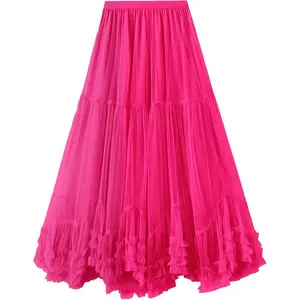 LEVEN SIXTEEN Women's Tiered Tulle Maxi Skirt - Fairy Tutu with High Elastic Waist & A-Line Pleated Design Rose Rose Large