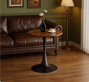 23.6 Inch Faux Walnut Round Tulip Dining Table, Mid Century Modern Bistro Table with Thickened Tabletop and Sturdy Metal Pedestal, Compact Stylish Circular Furniture for Kitchen Living Room Cafe Small Space Decor