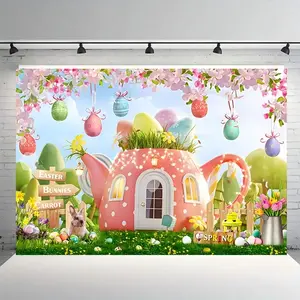 Easter Bunny Egg Teapot Cottage Polyester Background Fabric, Party Decoration Banner, No Electricity Required, Excellent Gift