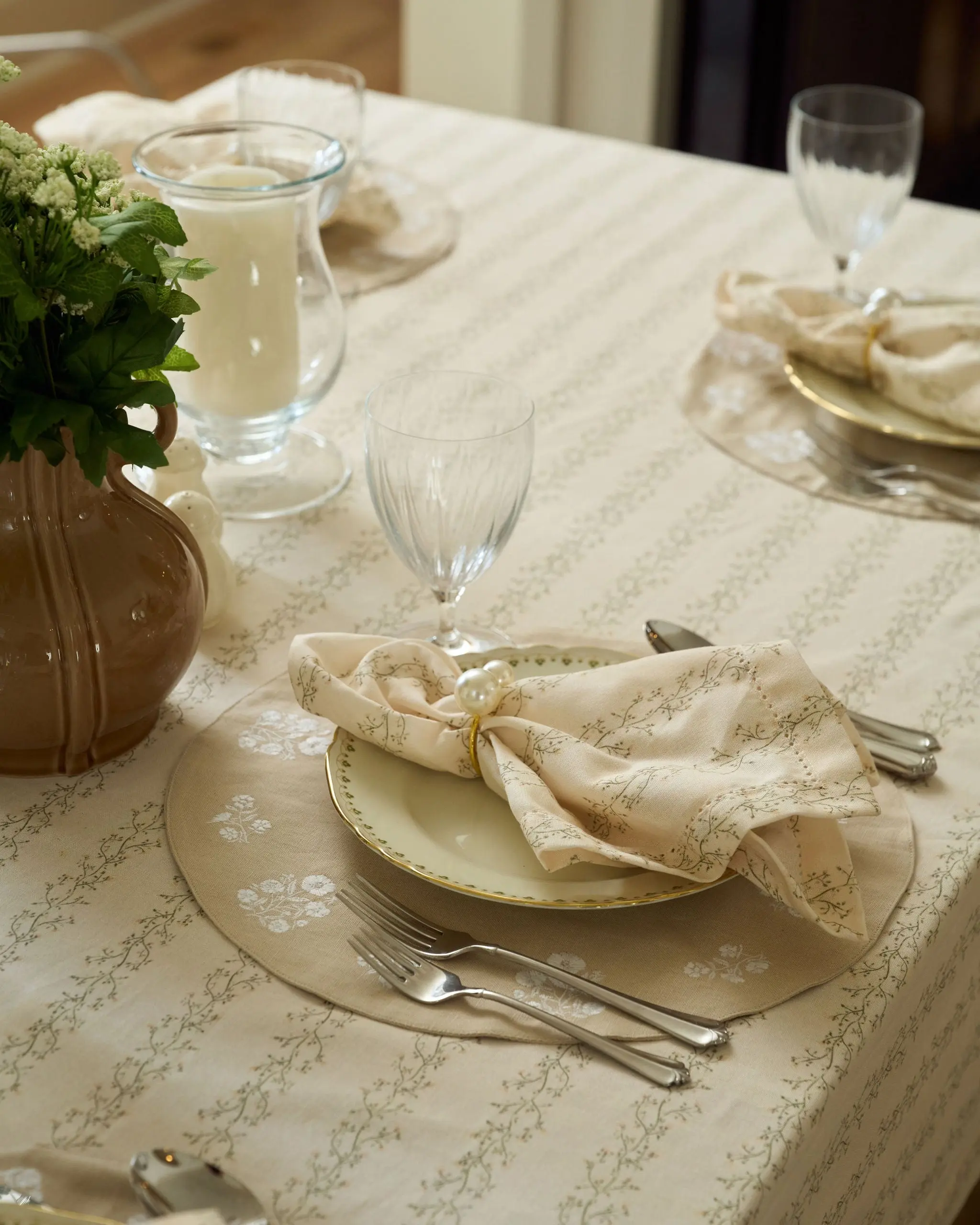 Odette Beige Round Embroidered Placemats, Set of Four