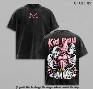 Kid Buu T-Shirt –  Buu Pink Villain Anime Graphic Shirt, Vintage Washed Oversized Streetwear, Soft Cotton Casual Unisex Top for DBZ Fans