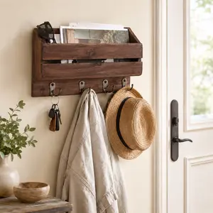 Autumn Alley Rustic Brown Wood Key Holder for Wall with Mail Shelf, 4 Hooks & Farmhouse Entryway Organizer