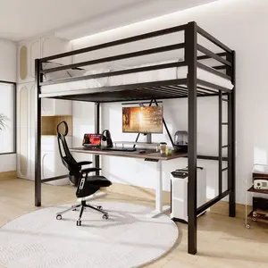 Heavy Duty Twin Size Metal Loft Bed For Juniors & Adults, With Full-Length Guardrail, Removable Stairs & Ladder, Noise-Free, Space-Saving, No Box Spring Needed