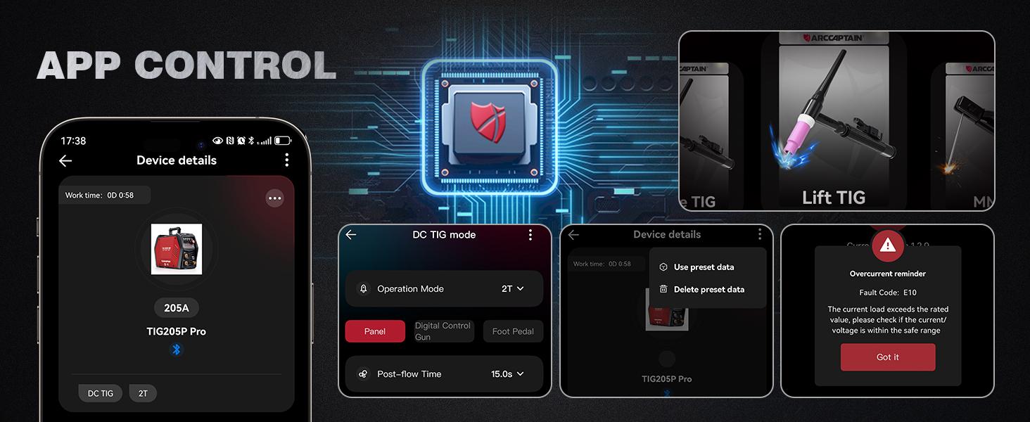 ARCCAPTAIN iControl TIG 205P Pro Welder With APP Control, 5 In 1 DC/Pulse/Lift/Spot TIG & Stick, Dual Voltage 120V/240V TIG Welding Machine With Large LED Display, 2T/4T, Smart Fan, Safety Protection