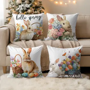 4-Piece Easter Pillow Cover - Soft Vintage Rabbit Decorative Pillow Cover, Printed with Colored Eggs, Flowers, Butterflies, Size 17 x 17.7 inches without pillow core, for sofa, bedroom or home decor, Easter Pillow Cover
