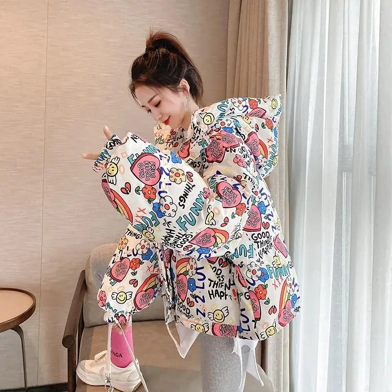Print High-End Quality Hoody Down Jacket 2024 New Women White Down Cotton Jacket Student Fried Street Winter Thick Coat Oversize