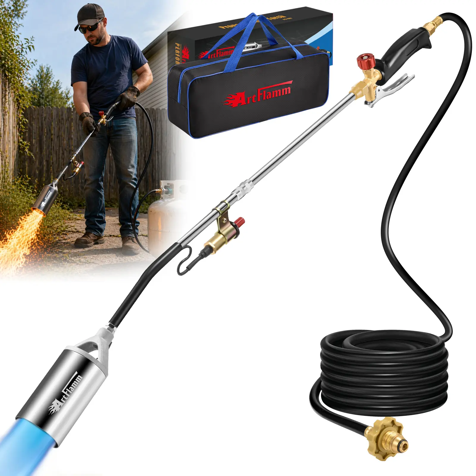 ARTFLAMM Father's Day Gifts, Propane Torch Weed Burner with 10 ft Hose, Adjustable High BTU Self Igniting Flamethrower, Heavy Duty Turbo Blow Torch For Garden, Wood, Melting Ice, Snow(PROPANE TANK NOT INCLUDED) #fathersdaygift
