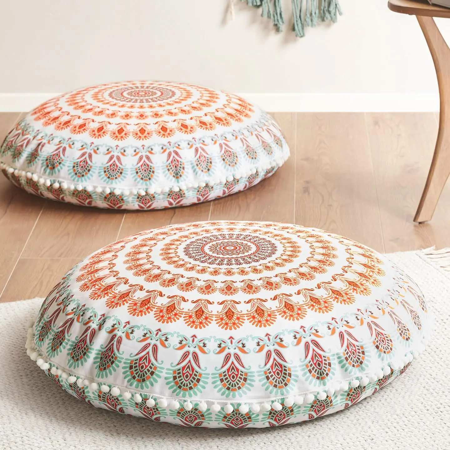 Meditation Floor Pillow Set of 2, Round Large Pillows Seating for Adults, Bohemian Mandala Circle Cushions for Outdoor Fireplace Yoga Living Room, 32 Inch,   Added, Coral