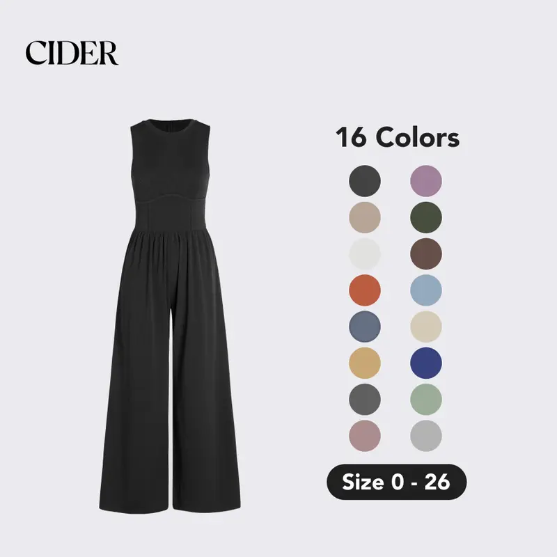 Cider Women's Solid Color Boned Round Neck Sleeveless Stretchy Wide Leg Overalls with Pockets - Casual Downtown Outfits Jumpsuit