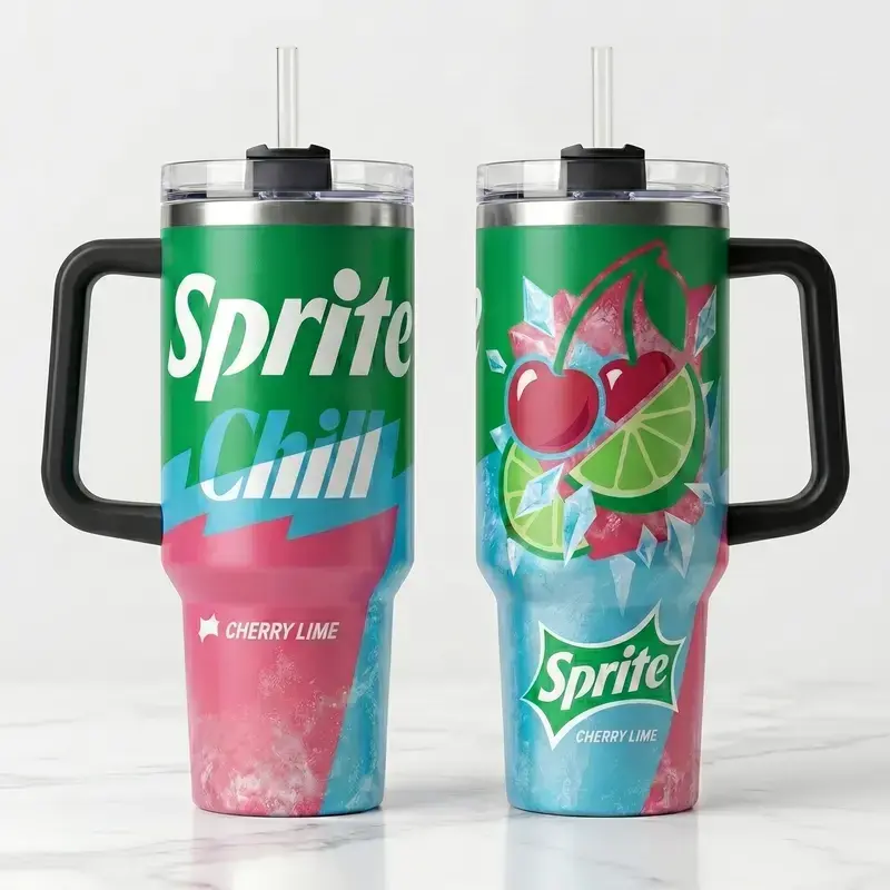 Sprite Chill Cherry Lime 40oz Tumbler with Handle, Ice Cold Splash Lemon Lime Aesthetic Cup, Vacuum Insulated Stainless Steel Travel Mug, Leak Resistant Lid & Straw, Car Cup Holder Friendly, Authentic Neon Soda Flavor Fans Summer Gift