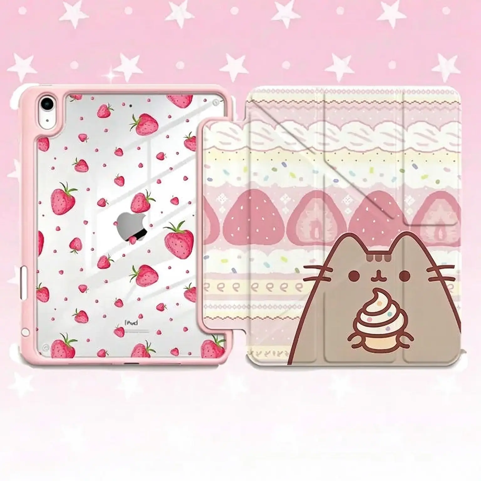 Pusheen Fresh Strawberry Pattern & Sweet Cat Style| Pink Tri-Fold Cover & Clear Back Graphic| Y2K Pastel Kawaii Aesthetic Tablet Case| for iPad Pro Air Mini 10th 9th Gen for Apple iPad cases, suitable for both men and women, Perfect Gift for Women Men.