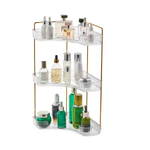 UFORU 3 Tiers Corner Bathroom Counter Organizer, Clear Countertop Shelf Storage Rack, Cosmetic Perfume Tray Standing Holder with Gold Metal Pole, Skincare Sink Organizer for Vanity Kitchen