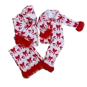 Matching Holiday Pjs Christmas Long Sleeve Mommy and Me Outfits with Red Bows and Fur Trim for Cozy Family Nights