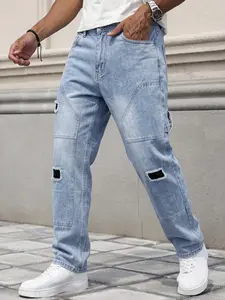 Men's Fitted Jeans, Simple Style Ripped Design, Light Blue Unlined Straight Leg Pants, Perfect Father's Day Gift