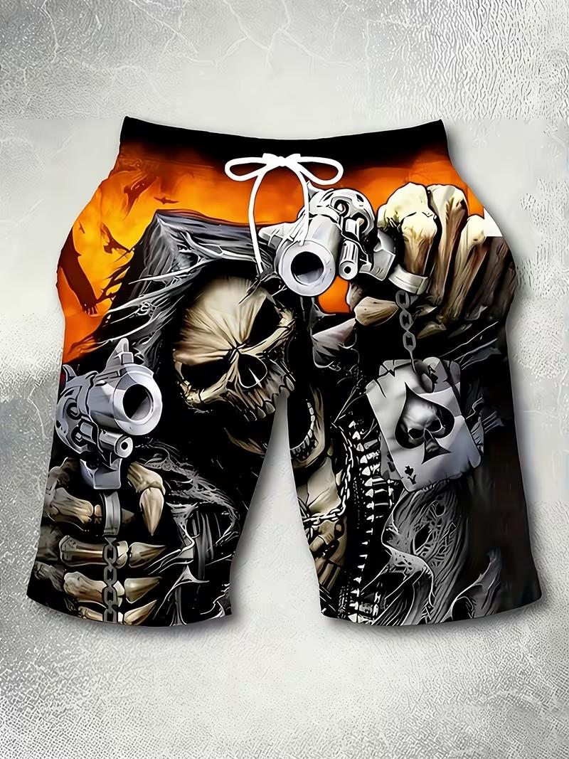 Men's Digital Print Skull and Gun Graphic Beach Shorts Lightweight Polyester Drawstring Waist Swim Trunks for Summer Swimming Gym Golf Fishing Basketball Camping Outdoor Activities Stylish Patterned Swimwear Menswear