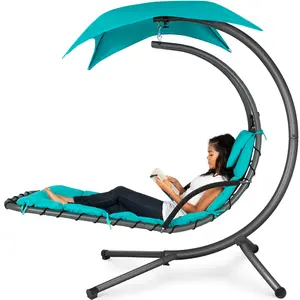 Best choice product: Hanging arc-shaped lounge chair, suitable for backyard and terrace, comes with pillows, sunshade, and stand