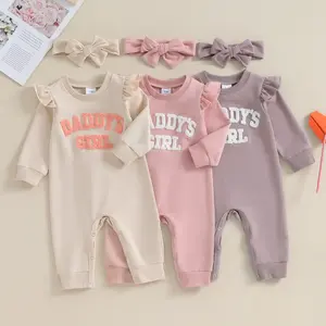 Newborn Baby Girl Romper Daddy's Girl Ruffle Long Sleeve Jumpsuit Headband Infant Fall Winter Clothes