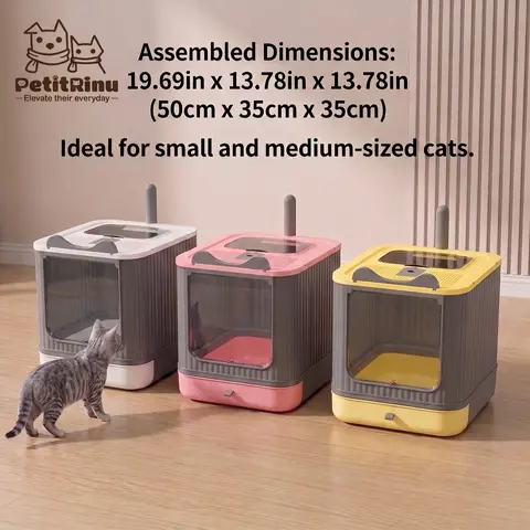Foldable Litter Box Enclosure for Small Indoor Cats & Kittens (Fits Up to 15 lb/15 lbs), Durable PP-PS Plastic Tray with Top Grid, Odor Control Drawer-Style Sliding Tray, Easy Scoop, 2-Tone Gray-Pink Minimalist Decor, 19.69in×13.78in×13.78in, Kitten Litte