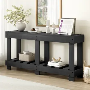 U_Style 62.9" Vintage Entryway Table - Fir Solid Wood with Natural Grain, 6 Reinforced Legs & 4.5" Thick Desktop, Metal Rivet Decor & Plank Under-Shelf, Console Table for Hallway, Living Room bedroom vanity desk