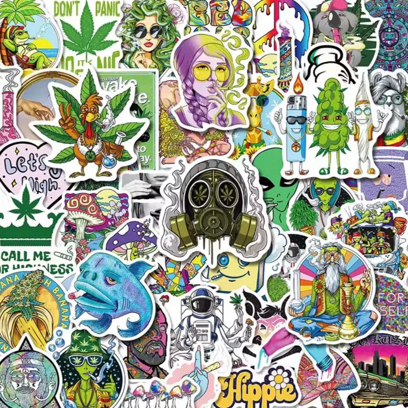 50 Pack of Alien, Outer Space Weed, Pot, Marijuana, Cannabis Waterproof Stickers. No Duplicates.