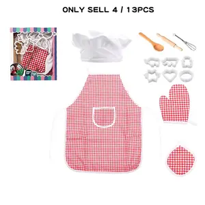 Plaid Apron Chef Baking Set, 13-Piece Small Chef Kit, Includes Apron, Gloves, Hat, Baking Tools, Role-Playing Costume, Perfect Holiday Gift, Play Kitchen Accessories, Kid Cooking Sets, Pretend Play Accessories