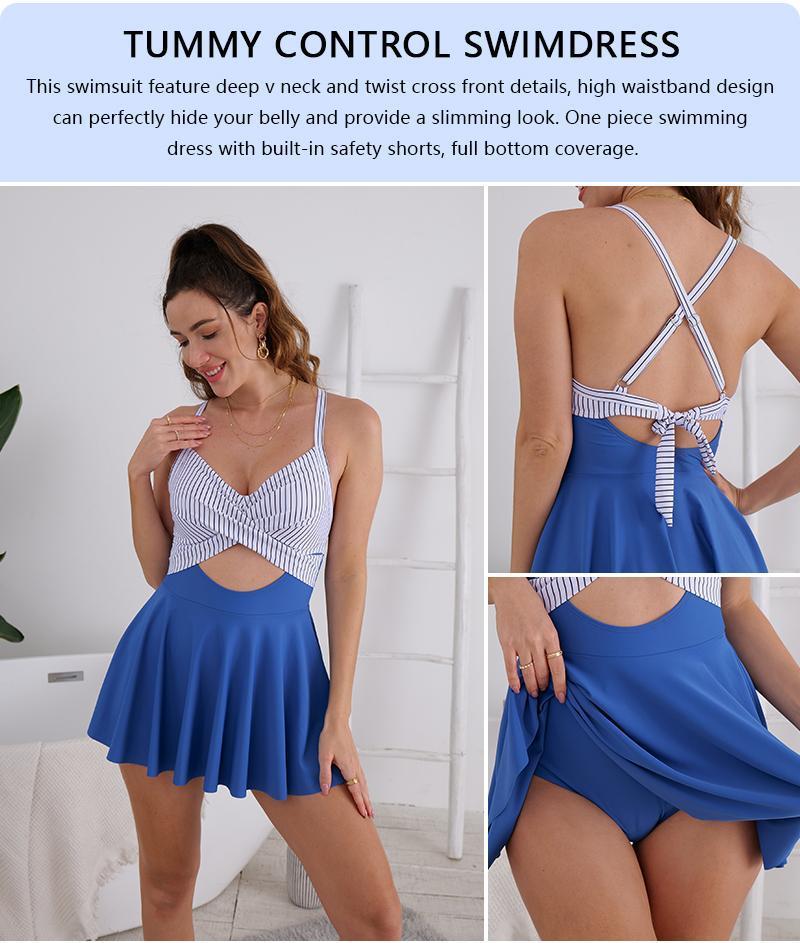 Women Cutout One Piece Skirt Swimsuit V Neck Wrap Tie Back Swimdress Tummy Control Bathing Suits High Rise Swimwear High Waist Swimwsuit
