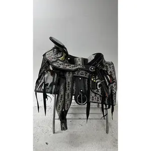 Charro Saddle – Black Leather with White & Copper Embroidery (15.5”) “El Centauro”