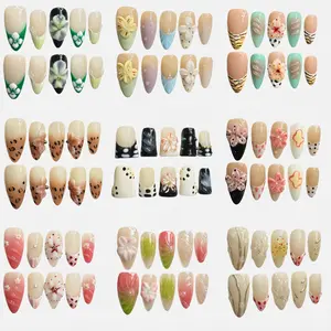JC Handmade Reusable Almond-Style Press-On Nails, 3D Pinching-Press Design, Removable False Nails with Floral & Animal Prints, Easy Application & Removal for Everyday Wear