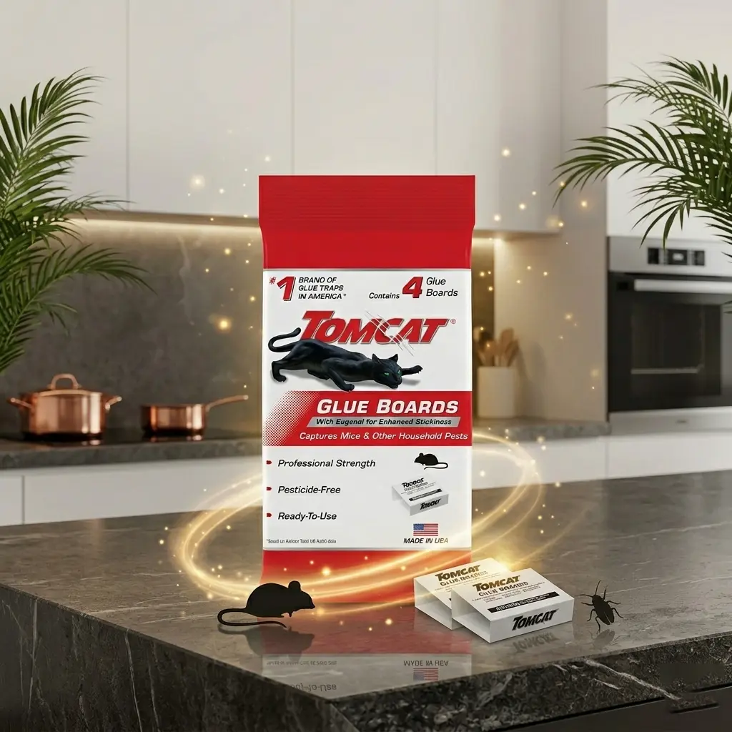 Tomcat Glue Boards with Eugenol — Enhanced Stickiness for Mice, Cockroaches & Insects, Flat or Covered Use, Ready-To-Use, 4 Traps