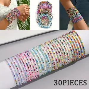 30pcs Set Summer Bohemian Colorful Seed Bead Bracelets Multi-layer Women'S Bracelets - Colorful Stackable Handmade Jewelry, Suitable for Daily and Vacation Wear, Accessories for all seasons