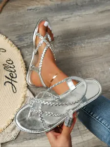 Elegant Large Size Women's Mid Heel Slippers, Flat, Comfortable Fit, Fashionable and Versatile Shoes, Perfect for Daily Wear, Fashionable Glitter Sandals
