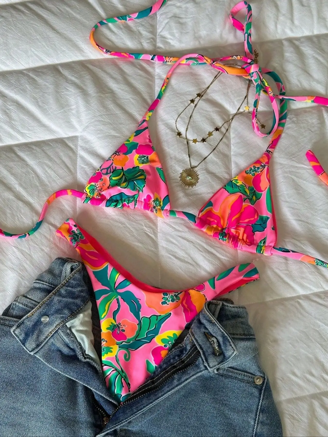 Women's Summer Floral Print Low-Waist Thong Bikini Set, Sexy Two-Piece Swimsuit, Bikini Swimwear Set, Push-Up Sleeveless Design, All Seasons, String Bikini, Summer Bikini Beach, Printed Bikini Set