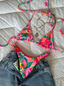 Women's Summer Floral Print Low-Waist Thong Bikini Set, Sexy Two-Piece Swimsuit, Push-Up Sleeveless Design, All Seasons, String Bikini