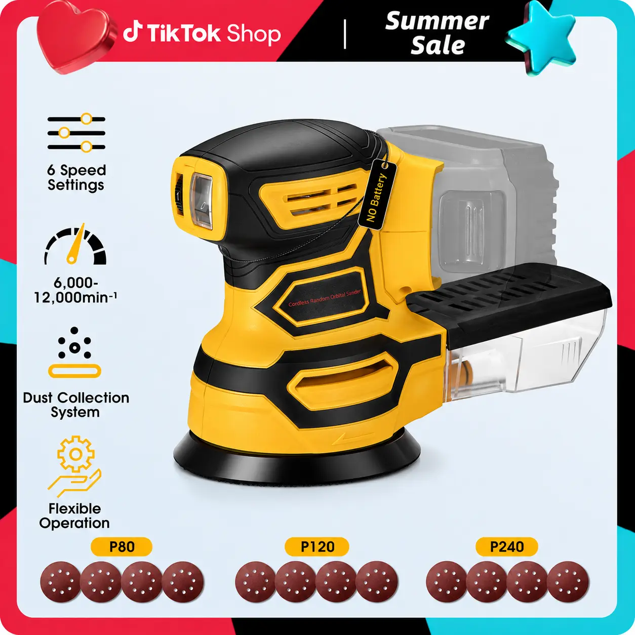 【No Battery】Cordless Random Orbital Sander, Brushless Electric Sander, 6-Speed (6000-12000 RPM), 5 inches Pad, Dust Collection, 12PCS Sandpapers (#80*4/#120*4/#240*4), Compatible with DEWALT 20V Battery for Wood, Metal Sanding & Paint Removal