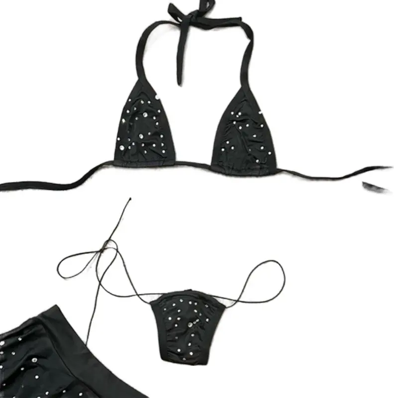 Black Rhinestones Bikini Set with Skirt One Size - Perfect for Dancers