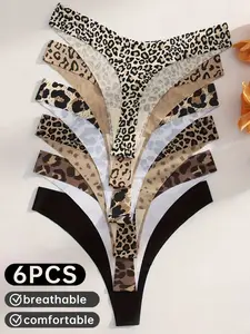 6PCS Women's Seamless Leopard Print Yoga Thong Panties, Pack of 6, Pure Color Design, Comfortable & Breathable Underwear for Daily Wear
