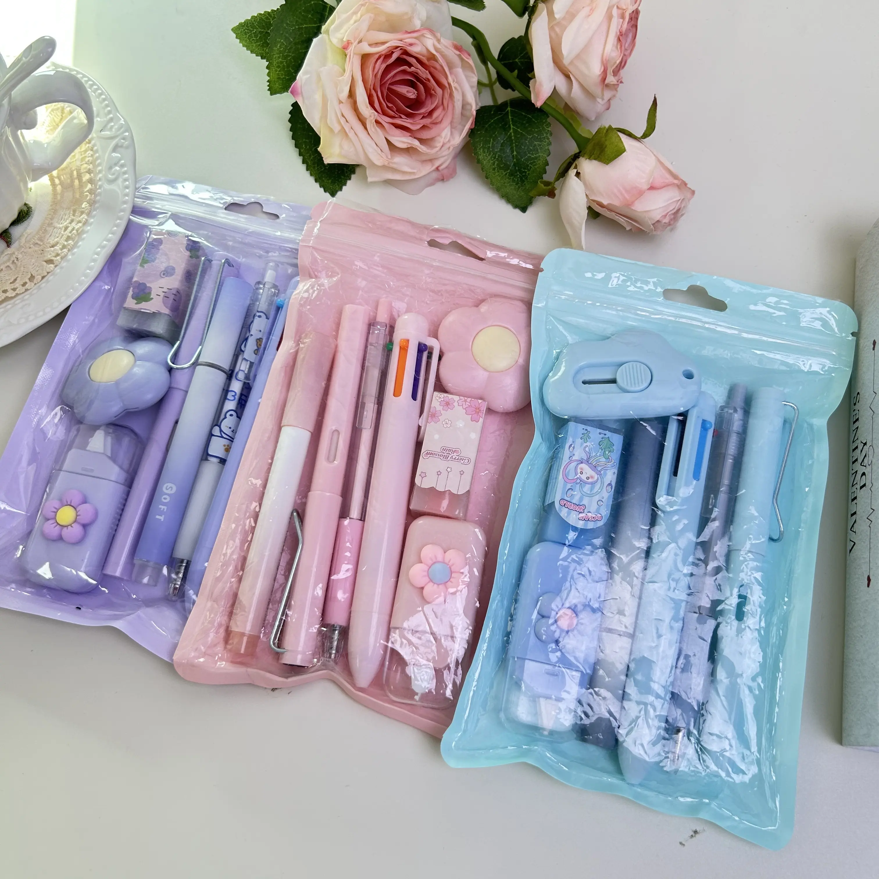 7-Piece Kawaii School Stationery Gift Set, Pastel Blue & Purple Accessories Bundle with Gel Pen, Highlighter, Correction Tape & More, Ideal Back to School Present for Students preschool alphabet tool