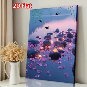 2D Flat, 2D Flat Easter Decor Christmas Holiday Decorations Framed Canvas Prints Posters Wall Decor Art Paintings Home Room Decor Light Trail Formed by Glowing Stones on Lake Shore Mirr-(3)- for Valentine's Day, Living Room Bedroom, 2D Flat	