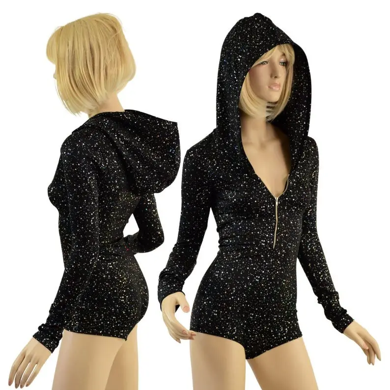 Women's Hooded Star Romper with Long Sleeves, Zipper Front and Cut Leg - Perfect for Winter - Jumpsuits, Womenswear