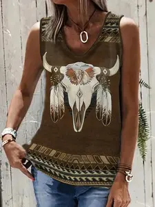 Women's Ethnic Pattern Round Neck Tank Top, Boho Fashion Sleeveless Top for Daily Wear, Ladies Clothes for All Seasons