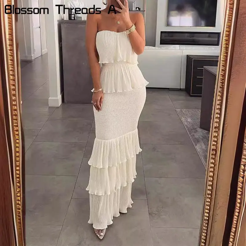 Fashionable and Elegant Women's Solid Color Sleeveless Strapless Ruched Pleated Ruffle Long Dress - TikTok Shop Fashionable and Elegant Women's Solid Color Sleeveless Strapless Ruched Pleated Ruffle Long Dress - TikTok Shop