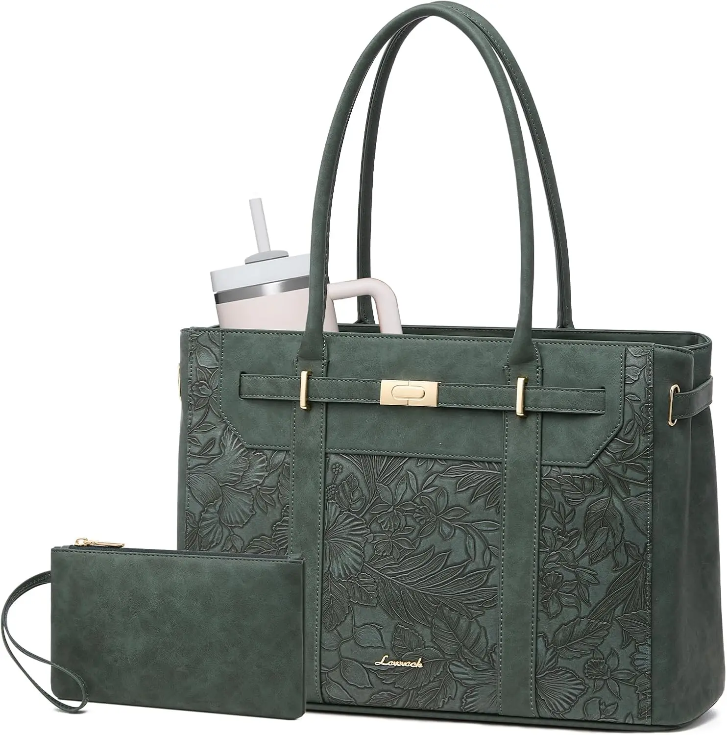 LOVEVOOK Laptop Tote Bag for Women, 2-in-1 Work Teacher Bags with Large Cup Holder, 15.6 Inch Waterproof Vintage Leather Computer Handbag Purse for Office, Business, College